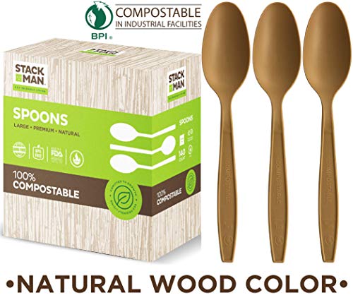 Buy Stack Man 100% Compostable Plastic Silverware, Large Premium Heavy-Duty  Flatware Utensils Eco Friendly BPi Certified, 6.5 Inch, Organic Natural  Wood Color Tableware Now! Only $