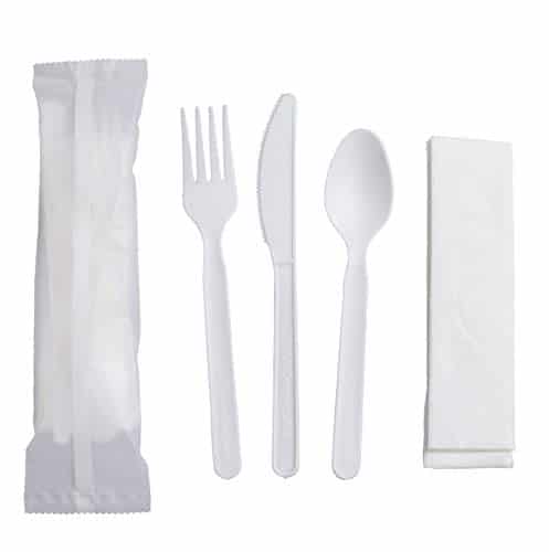 Fork, Knife, Spoon, and Napkin 4 pc PLA Cutlery Set Indiv. Wrapped in OXO  Biodegradable Plastic 7in - 250 pcs