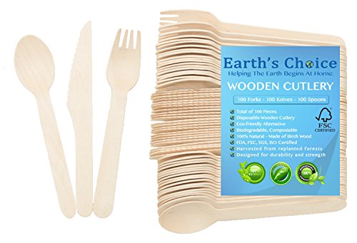 100 Count High End Commercial Disposable Wooden Forks Spoons Knifes Alternative to Plastic Cutlery Biodegradable Replacements Single Use Splinter Free,100% Wood Utensils By Hoonyun Forks 