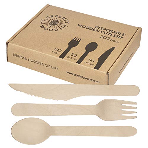 50 PACK WOODEN FORKS SPOONS KNIVES DISPOSABLE WOODEN CUTLERY PACK