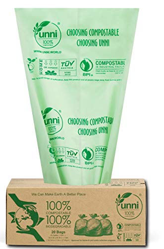 Lawn and Leaf Yard Waste Bag Non-GMO San Francisco Extra Thick 1.1 Mils UNNI ASTM D6400 100% Compostable Trash Bags US BPI and Europe OK Compost Home Certified 30-33 Gallon,124 Liter 20 Count