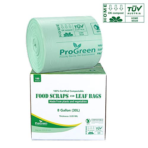 Biodegradable ASTM D6400 BPI and VINCOTTE Certified ProGreen 100% Compostable Bags 33 Gallon Extra Large Lawn and Leaf Trash Bags Extra Extra Thick 1.1 Mil 30 Count 30 